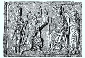 Relief image in gilded copper of the shrines with the bones of Charlemagne in the Aachen Cathedral Church