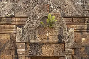 Category Buddhism Prints: Relief with Shiva and Parvati on the bull Nandi above the false door of the mountain temple Wat Phu