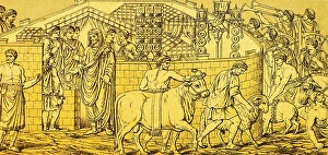 Relief on Trajan's Column, Forum Traiani or Foro di Traiano, Trajan's Forum, Roman standard, brass instrument Roman tuba, tubics, population, cattle, cattle, sheep, supply, food, tents, accommodation, ancient Rome, Italy
