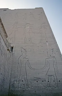 Reliefs, outer wall, Horus Temple, Edfu, Nile Valley, Egypt, September 1989, vintage, retro, old, historical, Africa