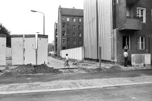 Remains of the Berlin Wall, strip of the Berlin Wall Heidelberger Strasse road between Neukoelln and Treptow