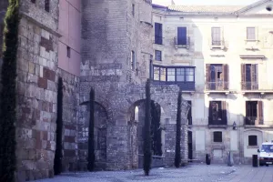 Remains of section of Roman wall in city of Barcelona, Catalonia, Spain, Europe