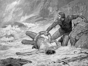 Rescue crew pulled a shipwrecked man out of the sea by the life ring
