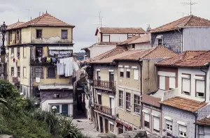 Residential buildings with red tiled roofs in Porto's old town