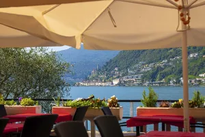Framed Print : Restaurant View over Lake Lugano and Mountain View over Morcote