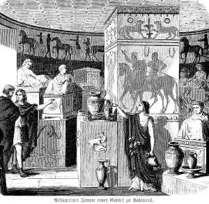 Restored interior of a tomb at Volaterrae or Volterra, wall decoration, horses, racing carriages, lions, statues, sheep, square column, jug, pot, people, history of mankind, Italy, historical illustration 1880, Europe