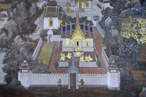 Restored wall murals (Ramakien) in Wat Phra Kaeo Grand Palace (Temple of the Emerald Buddha)