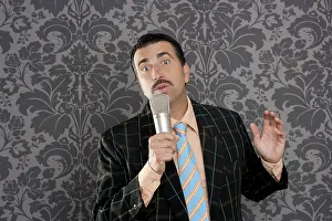 Retro mustache singer man tacky suit on vintage wallpaper background