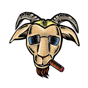 Retro woodcut style illustration of head of a hip hipster goat wearing sunglasses