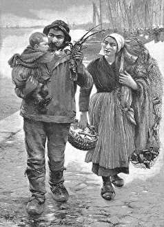 The return of the father, the fisherman is back from his tour and shows his child a crayfish