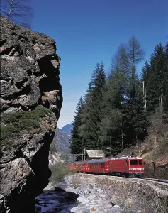 The Rhaetian Railway's Bernina Express travels through the Swiss Alps to the Albula Valley<br> The Rhaetian Railway's
