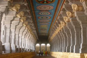 Richly decorated magnificent corridor at Rameswaram temple