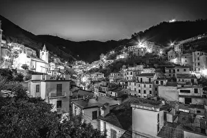 Riomaggiore viewed at night from near the church view point in black and white