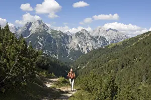 In the Rissbachtal Rissbach valley in the Karwendel mountains Tyrol austria mountain hiker on the way to the Plumsjoch
