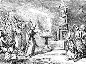 Rite of sacrifice of the priests in Egypt, beginners of human society, ceremony in honour of the deity, worship, fire with offering, throne, cult, historical illustration 1880