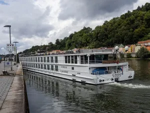 River cruise ship at the quay on the Danube