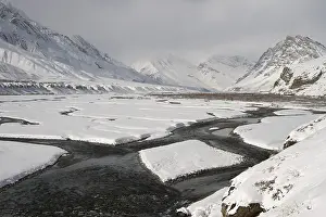 Category Mountain Landscapes Prints: River flowing through snow covered mountains in Spiti