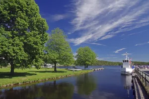 River landscape with boats and tall trees under a clear sky