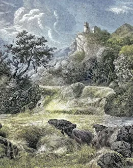 River landscape with castle after a painting by Salomon van Ruysdael