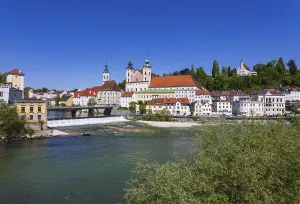 River mouth of the Steyr into the Enns with Burgerspitalskirche and Michaelerkirche