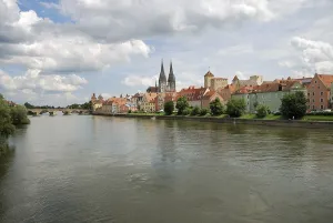 Riverside of the Danube river in Regensburg Germany