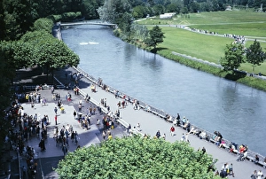 Riverside gardens and paths along the river Ousse, Lourdes, France 1973