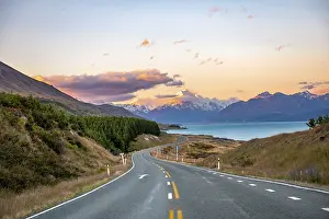 Road with view of Mount Cook, sunset