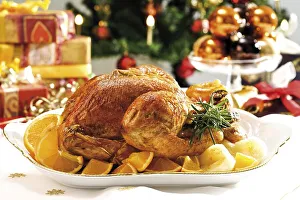 Roast turkey surrounded by oranges in front of wrapped presents and a decorated Christmas tree