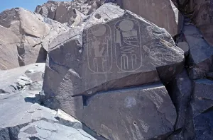 Rock carvings, ancient Egyptian quarry area Wadi Hammamat, Arabian desert, Egypt, September 1989, vintage, retro, old, historical, Africa