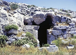 Rock grotto ruins, archaeological site of Ancient Thera, Santorini, Cyclades islands, Greece, Europe, 1972, Europe