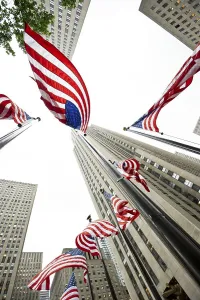 Rockefeller Center with U.S. American flags