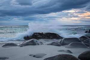 Category Scandinavia Prints: Rocks on the beach, sunset, Unstad