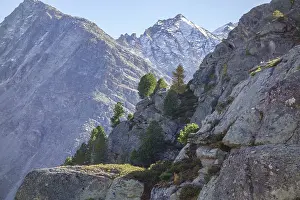 Rocks with trees against rugged mountain peaks under clear sky