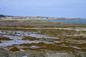 Rocky coast with a view of a distant city and blue sky