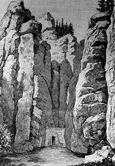 Rocky landscape AdrTpaTsko-Teplicke skaly or Adersbach-Weckelsdorfer Felsen, sandstone rocks from the Cretaceous period, travelling in the nature reserve in the Braunauer Bergland, Czech Republic, historical illustration 1885, Europe