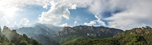 Category Mountain Landscapes Prints: Rocky landscape, pine trees, cloudy sky