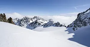Rocky mountain peaks and glacier Vadret da Porchabella in winter