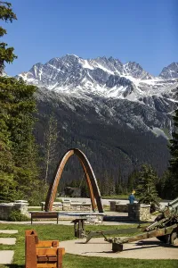 The Rogers Pass with the commemorative arch marking the location where the Trans Canada Highway was competed in 1962
