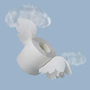 A roll of white toilet paper with wings on a background of cotton wool clouds