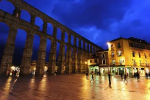 Roman aqueduct in the evening, historic city centre
