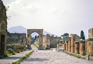 Roman ruins Archaeological Park of Pompeii, Naples, Italy, Europe 1967 with Mount Vesuvius volcano in background, Europe