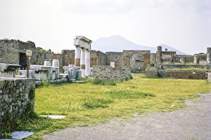 Roman ruins Archaeological Park of Pompeii, Naples, Italy, Europe 1967 with Mount Vesuvius volcano in background, Europe