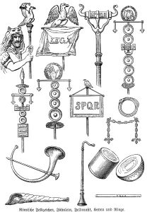 Roman signa or field insignia, military insignia of a war party, flag, musical instrument, horn, drum, chains, rings, SPQR, Legion X, aquila or legionary eagle, Roman Empire, history of mankind, historical illustration 1880