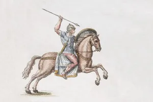 Roman soldier on horseback, handcoloured copper engraving