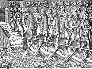 Roman soldiers marching across pontoon bridge