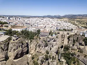 Ronda, Spain, May 31, 2019: Aerial Drone view of the famous bridge Puente Nuevo in the historic city centre
