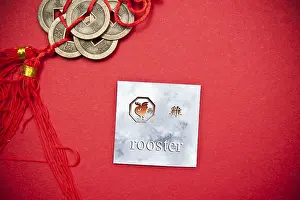 Rooster zodiac card with Chinese character on a red background with coins