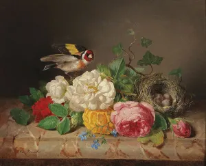 Rose petals with goldfinch and bird's nest