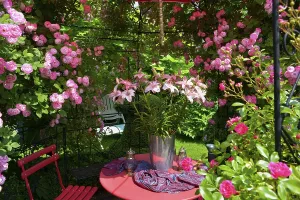 Roses in pavilion with bouquet of lilies