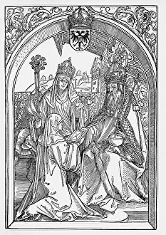 Roswitha handing emperor Otto the Great and archbishop Wilhelm von Mainz her scripts